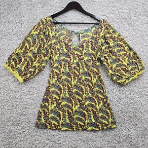 Free People Women Floral Tie Waist Blouse Size Small Yellow Puff Sleeve Boho Top